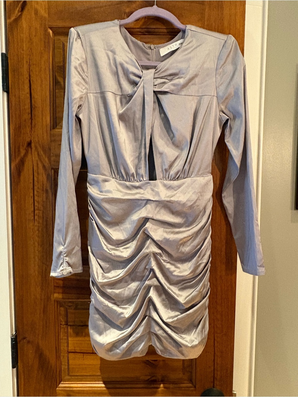 Astr Silver  Satin Ruched Long-Sleeve Dress